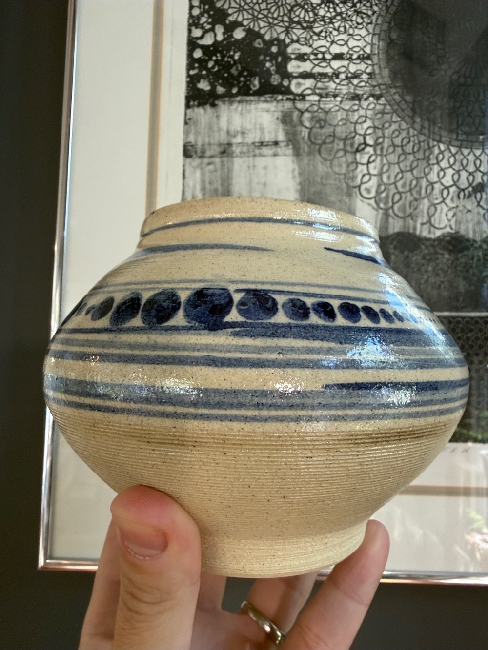 Handcrafted Blue Stripe Ceramic Vase signed